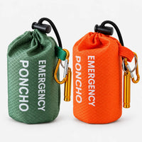 Green and orange storage pouches standing side by side, each with a gold carabiner and whistle attached, showing the two colour options. 8