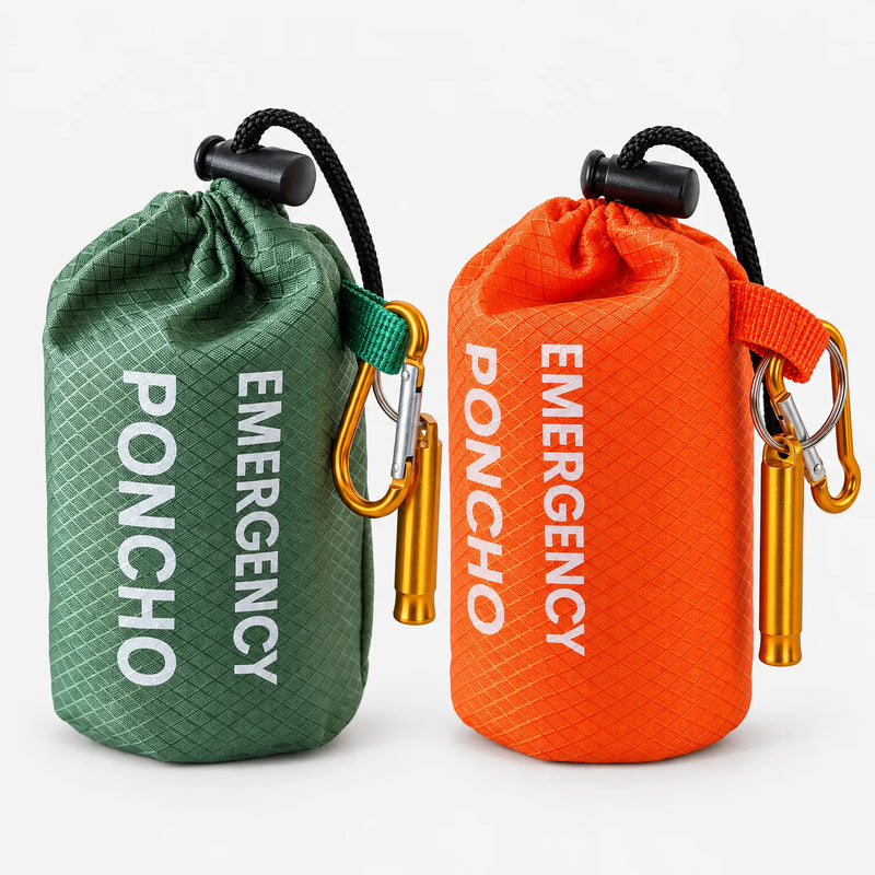 Green and orange storage pouches standing side by side, each with a gold carabiner and whistle attached, showing the two colour options. 8