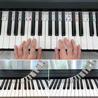Removable silicone note labels for pianos and 88-key keyboards.