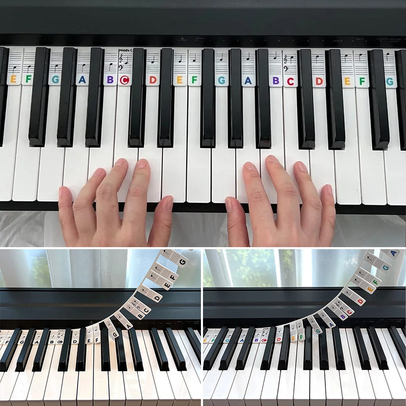 Removable silicone note labels for pianos and 88-key keyboards.