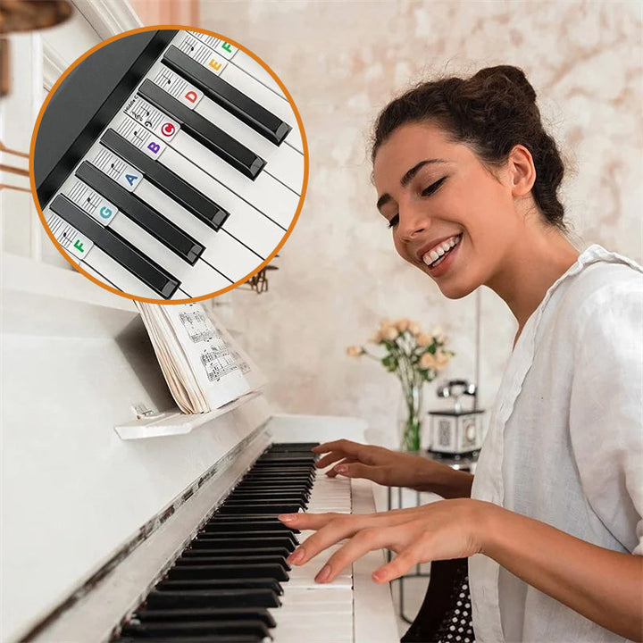 Removable silicone note labels for pianos and 88-key keyboards.