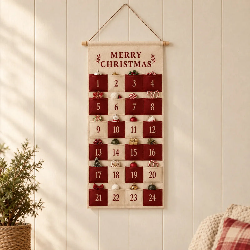 Cream and red fabric advent calendar with 24 pockets hanging on a white paneled wall beside a potted plant and a cushion. 1