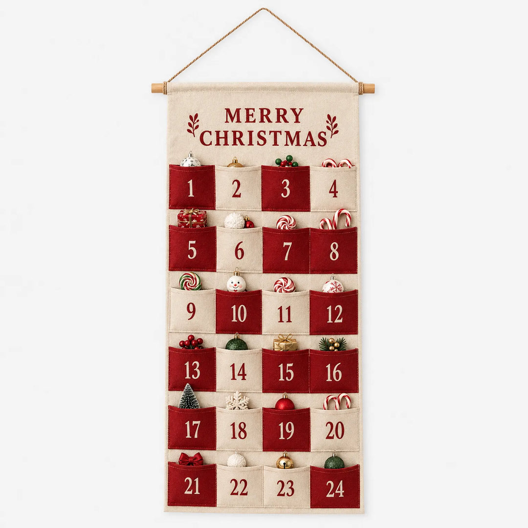 Full front view of the red and cream pocket calendar on a plain white background, hung from a wooden dowel and twine. 2