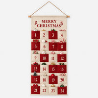 Straight-on view of the hanging calendar with 24 numbered red and cream pockets, each filled with small festive treats and baubles. 4