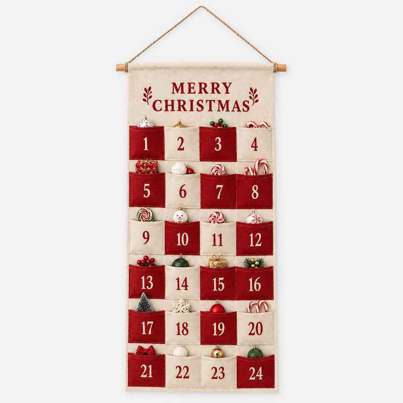 Straight-on view of the hanging calendar with 24 numbered red and cream pockets, each filled with small festive treats and baubles. 4