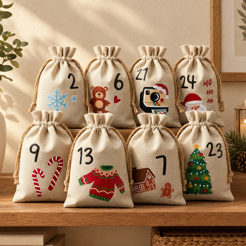 Eight natural linen drawstring bags with jute cords, printed with numbers and festive designs, stacked on a wooden shelf in a cosy setting. 1