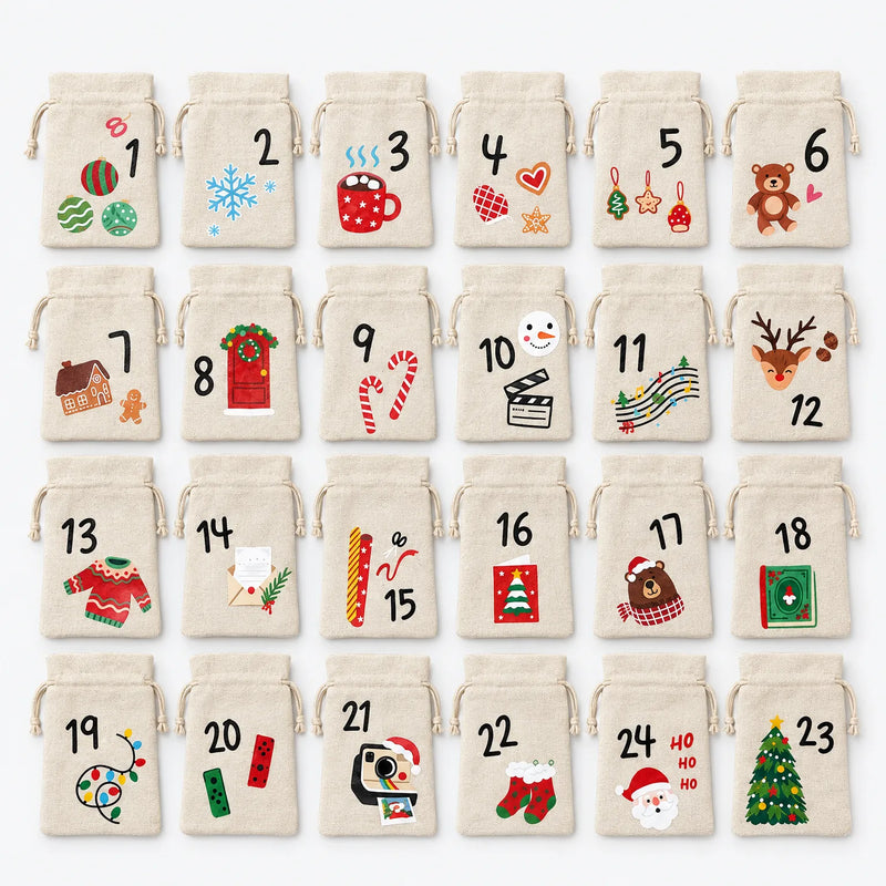 Flat lay of all 24 numbered linen drawstring bags in four rows, each printed with a different Christmas illustration. 2