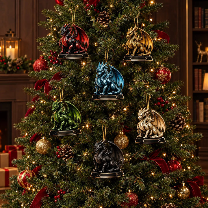 Six dragon ornaments in red, gold, blue, green, cream and black hang on gold cords from a lit Christmas tree. 1