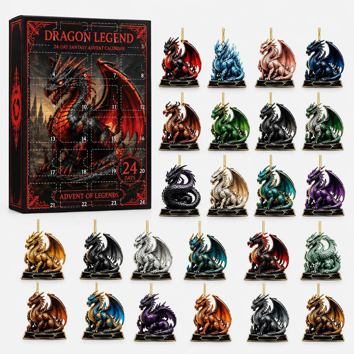 Black advent calendar box with a red dragon on the front, shown beside all 24 colorful dragon ornaments it contains. 2