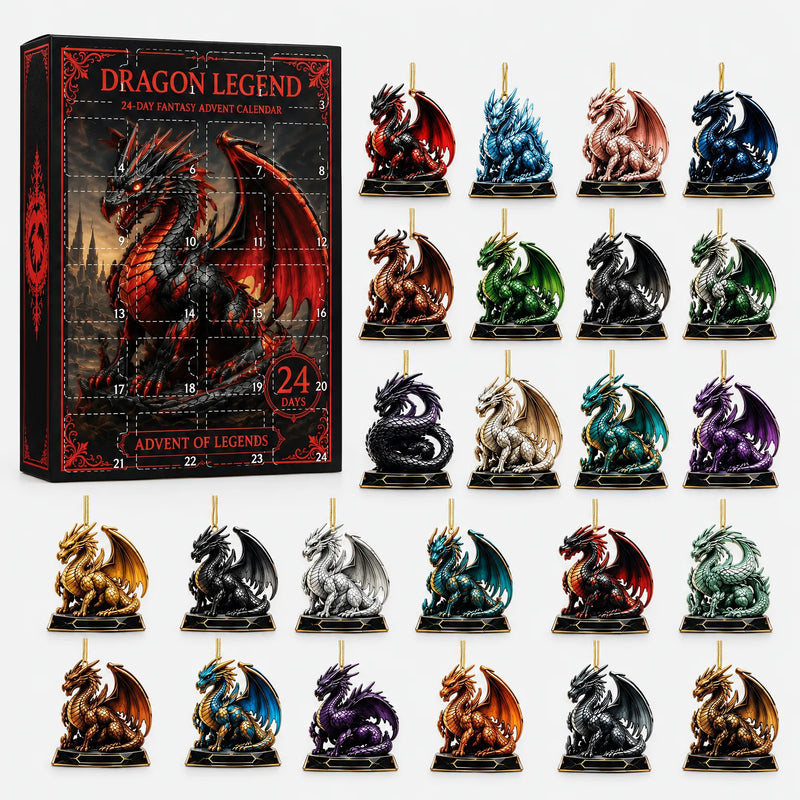 Black advent calendar box with a red dragon on the front, shown beside all 24 colorful dragon ornaments it contains. 2
