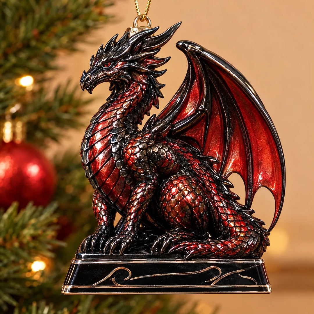 Close-up of a glossy red and black dragon ornament with spread wing, standing on a black base, against blurred tree lights. 3