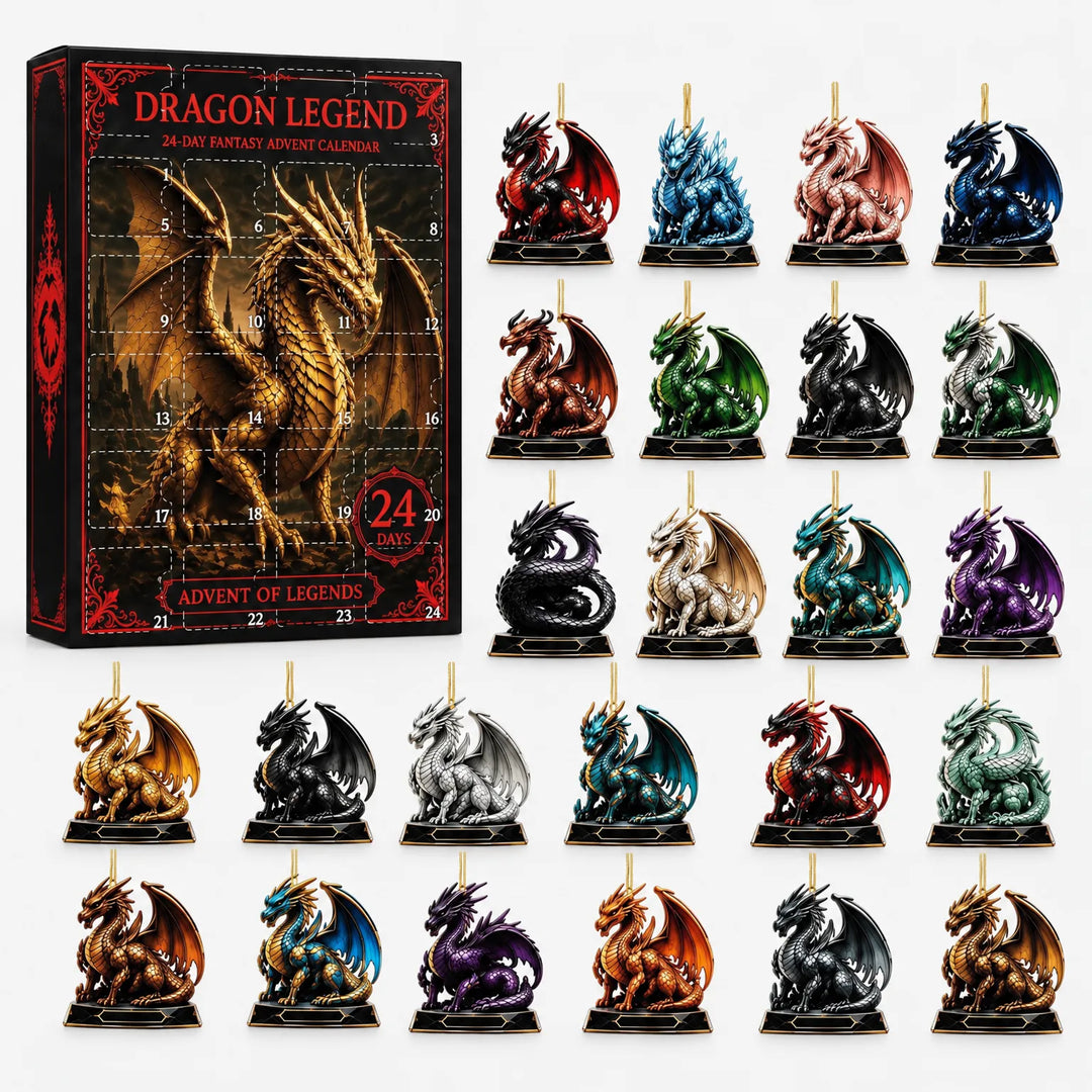Advent calendar box with a golden dragon on the front, beside the full set of 24 dragon ornaments in assorted colors. 4