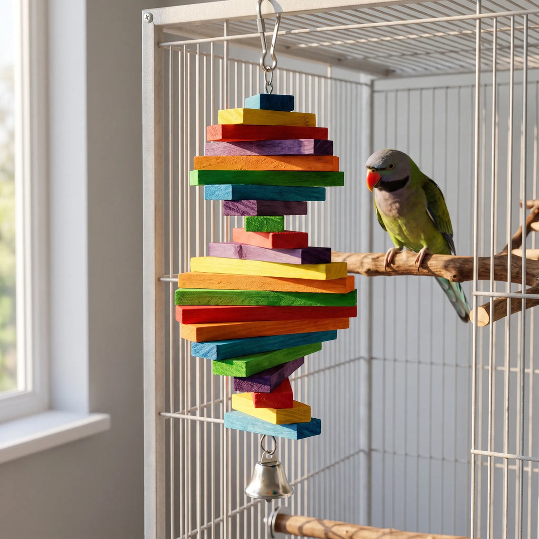 Toy hanging inside a cage with a bell at the bottom, while a green parakeet watches from a wooden perch. 2