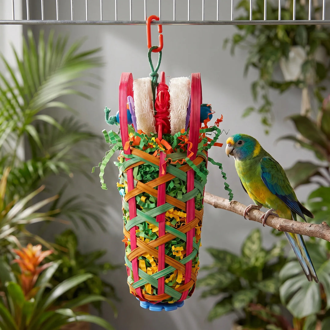 Same hanging toy in a cage beside a green and yellow parakeet perched on a branch, with leafy plants behind. 2