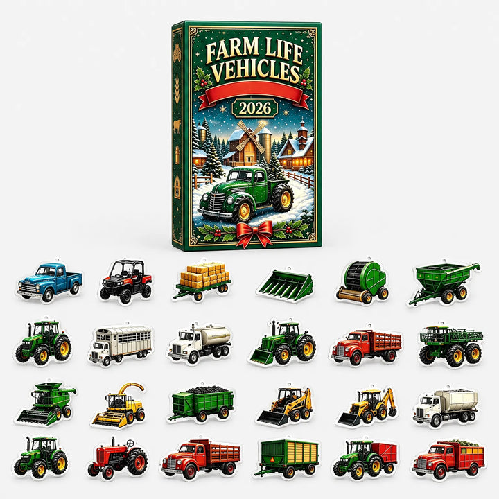 Advent box shown above its full set of 24 farm vehicle ornaments, including tractors, trucks, trailers, a combine and loaders, laid out in rows. 2