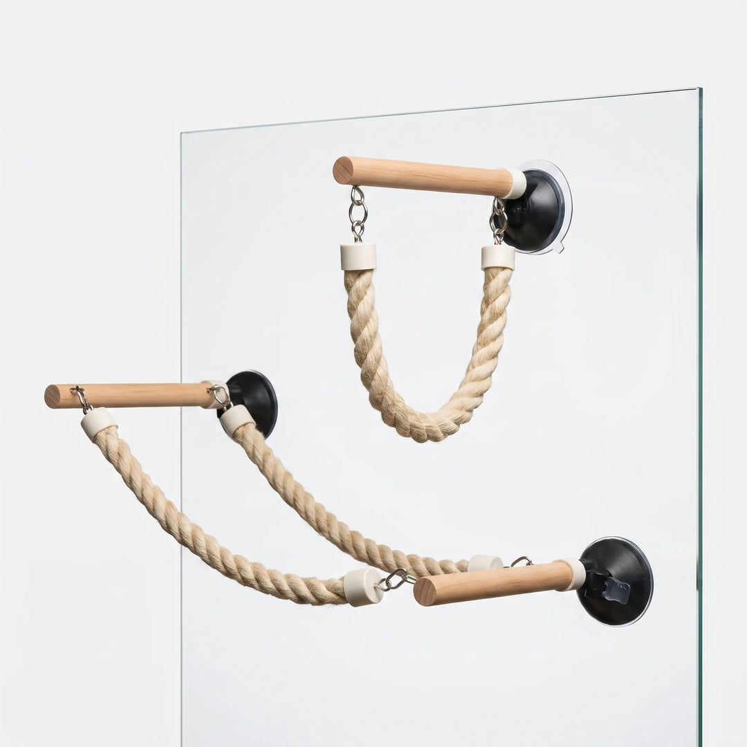 Two wooden perches with black suction cups and twisted cotton ropes stuck to a glass pane, one short and one long. 1