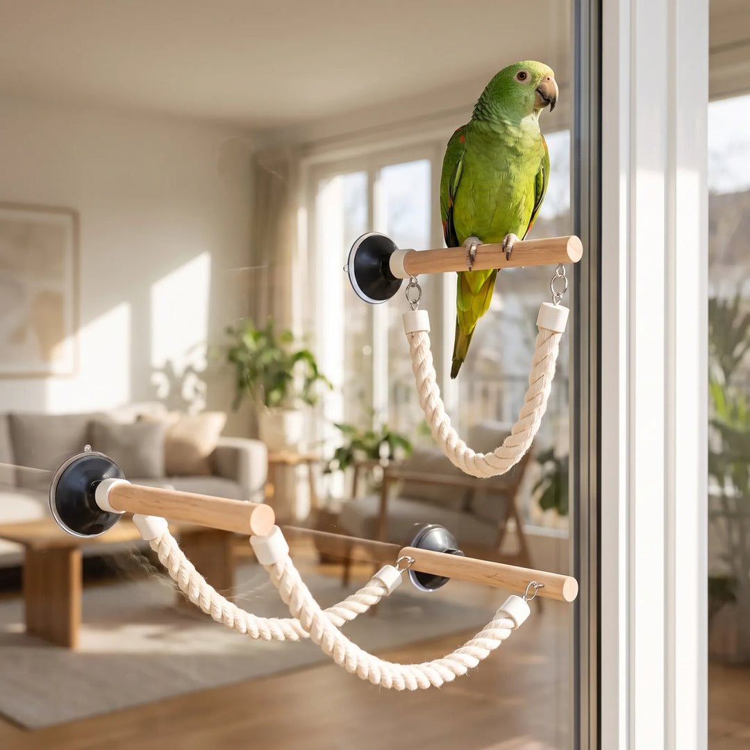 Green parrot standing on a wooden perch stuck to a window, with rope loops hanging beneath in a bright living room. 2