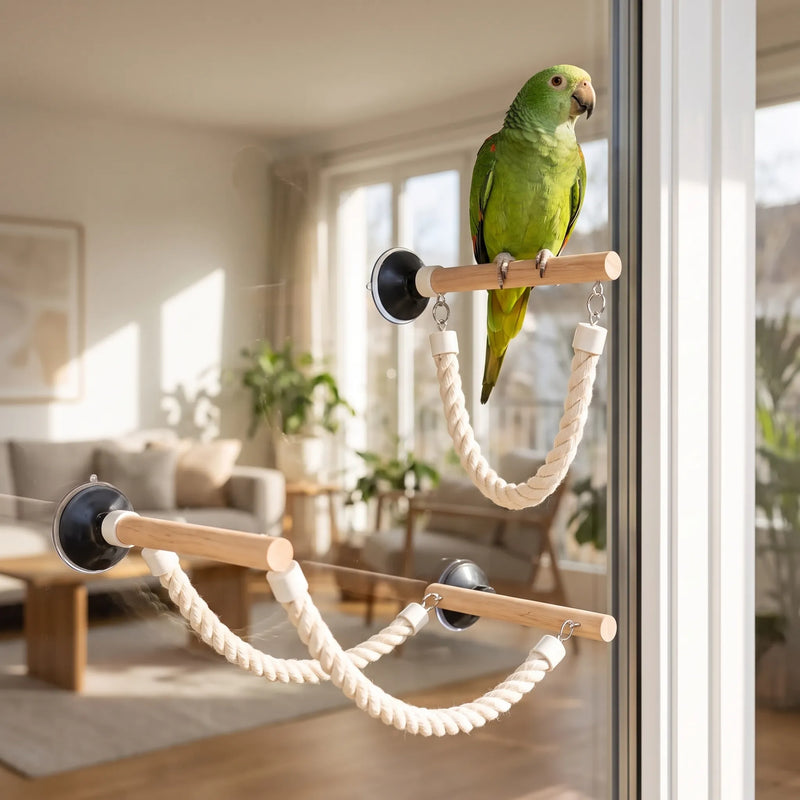 Green parrot standing on a wooden perch stuck to a window, with rope loops hanging beneath in a bright living room. 2