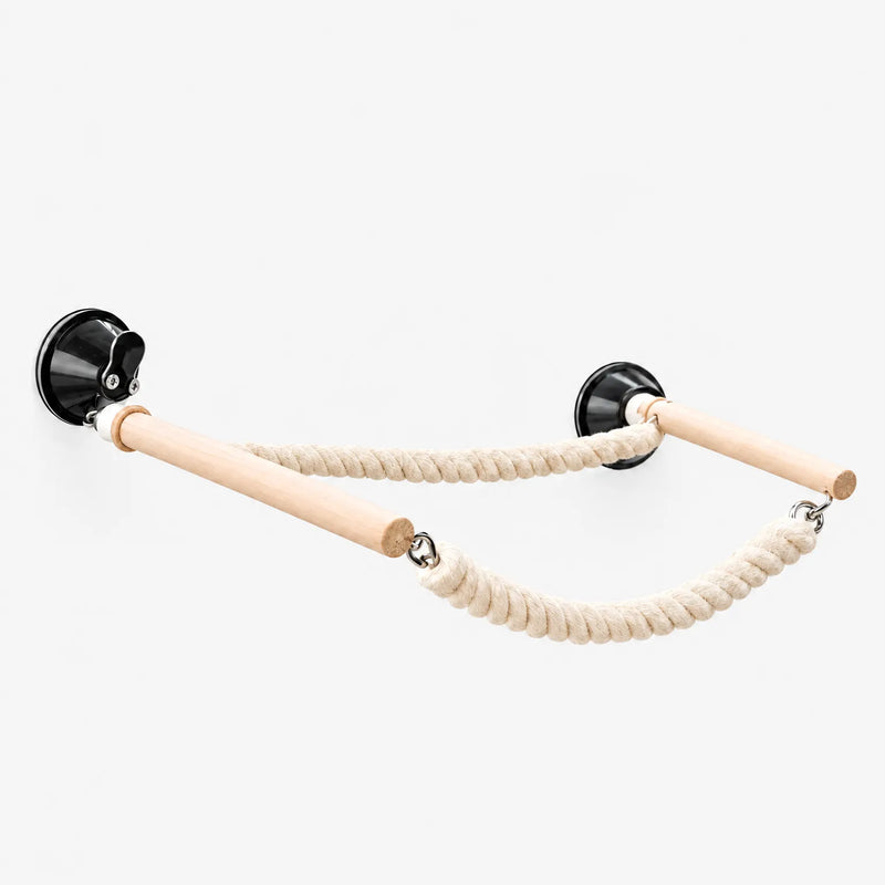 Two wooden perches with suction cups and linked rope sections, shown on a plain white background without glass. 5