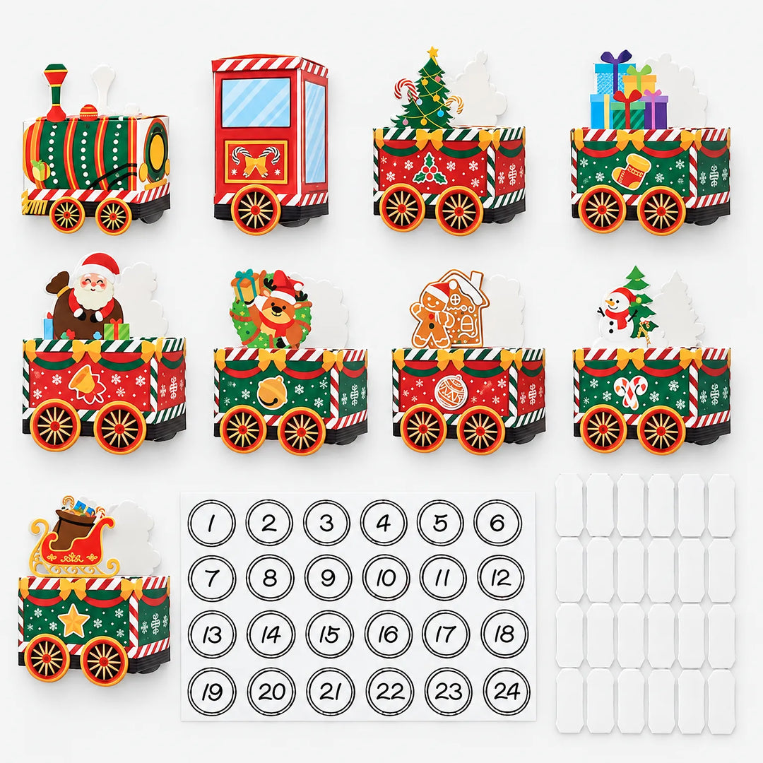 All train pieces laid out separately on a white background, with a sheet of numbered stickers from 1 to 24 and blank white labels. 2