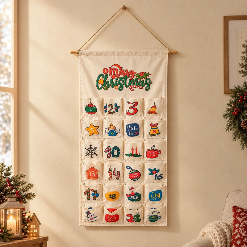 Cream fabric advent calendar with 24 printed pockets hanging from a wooden dowel on a living room wall beside festive greenery. 1