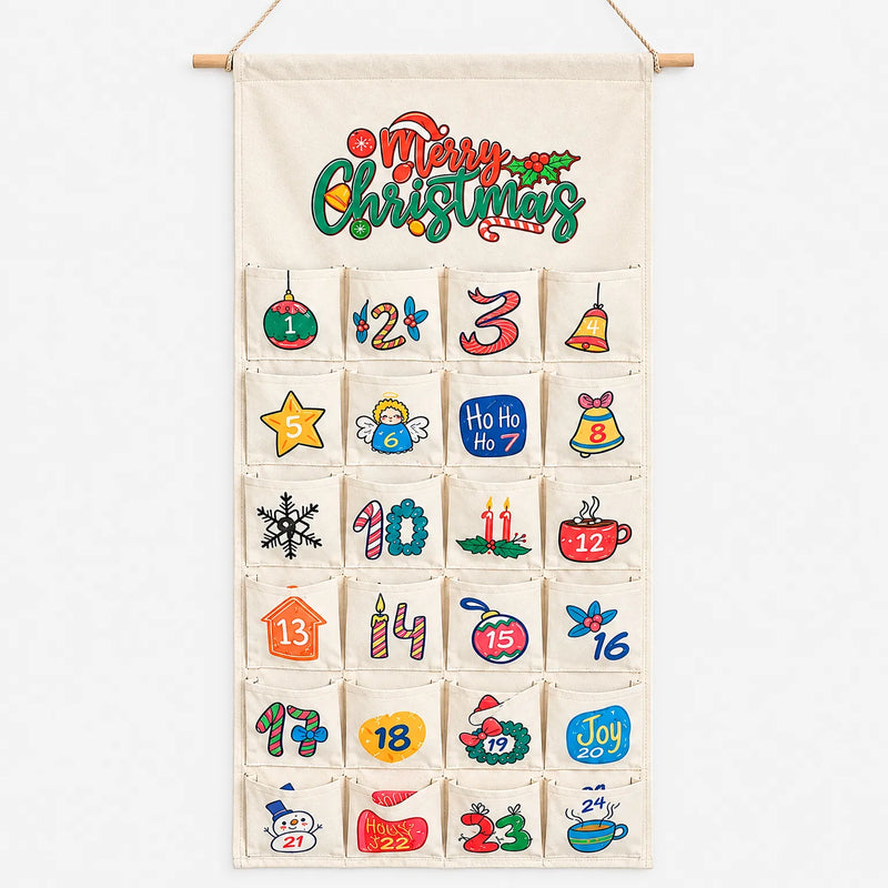 Cream canvas version with 24 hand-drawn style festive pockets, hung from a wooden dowel and twine, shown front-on against a plain background. 3