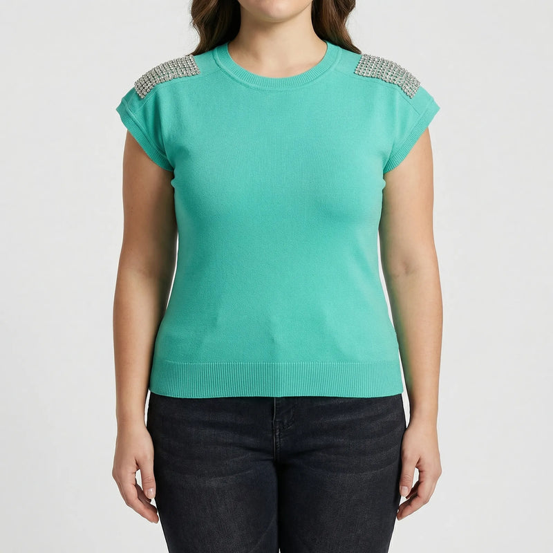Fitted Rhinestone Shoulder Knit Top - Laura