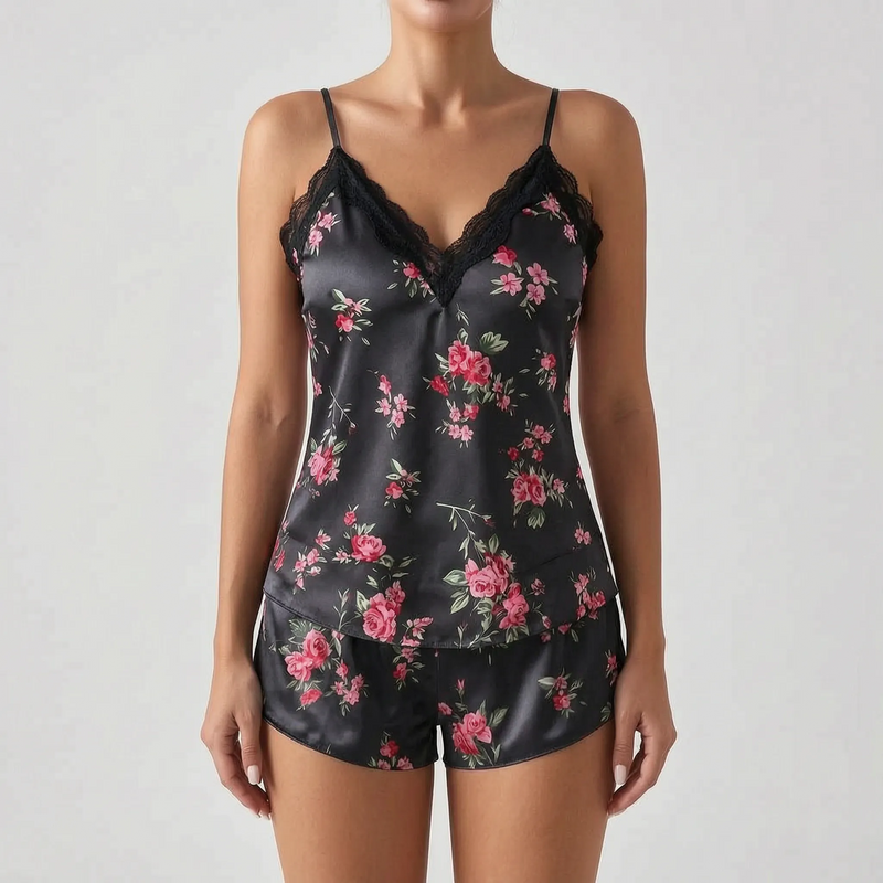 Front view of the same set in black satin with black lace trim and a pink and green rose print. 7