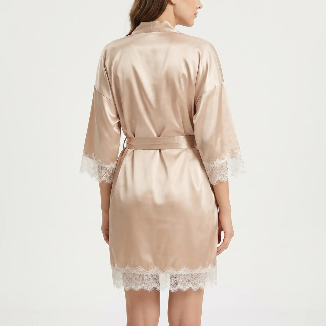 Back view of the champagne satin robe with wide belt, three-quarter sleeves and scalloped lace trim at sleeves and hem. 3
