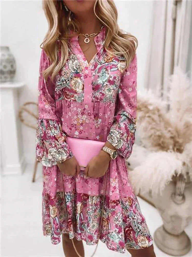 Floral Print Midi Dress With Long Sleeves And Button Closure – Amelise