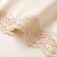 Close-up of delicate cream lace edging on smooth satin fabric, showing the scalloped lace detail up close. 5