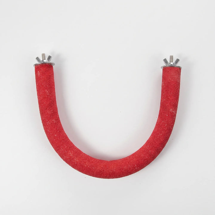 Red textured curved perch laid flat in a U shape, with a wing nut and bolt at each end. 5