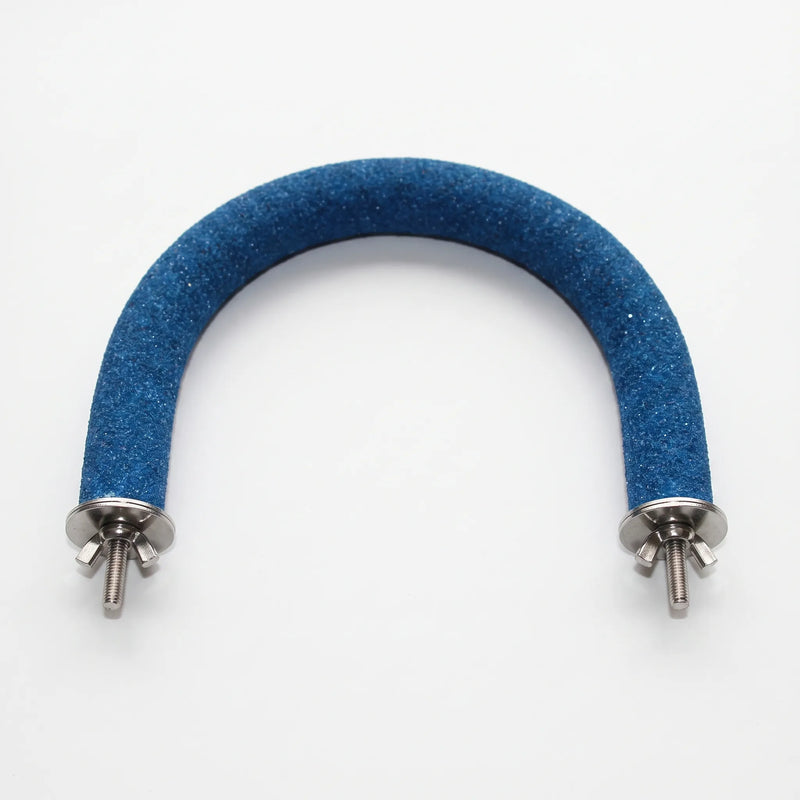 Blue gritty curved perch seen from above, with steel washers, bolts and wing nuts at both ends for fixing. 6
