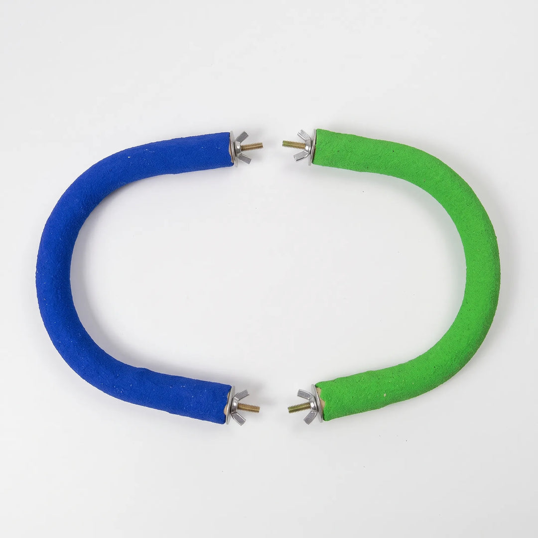 Two curved perches, one blue and one green, laid facing each other, each with a bolt and wing nut. 7