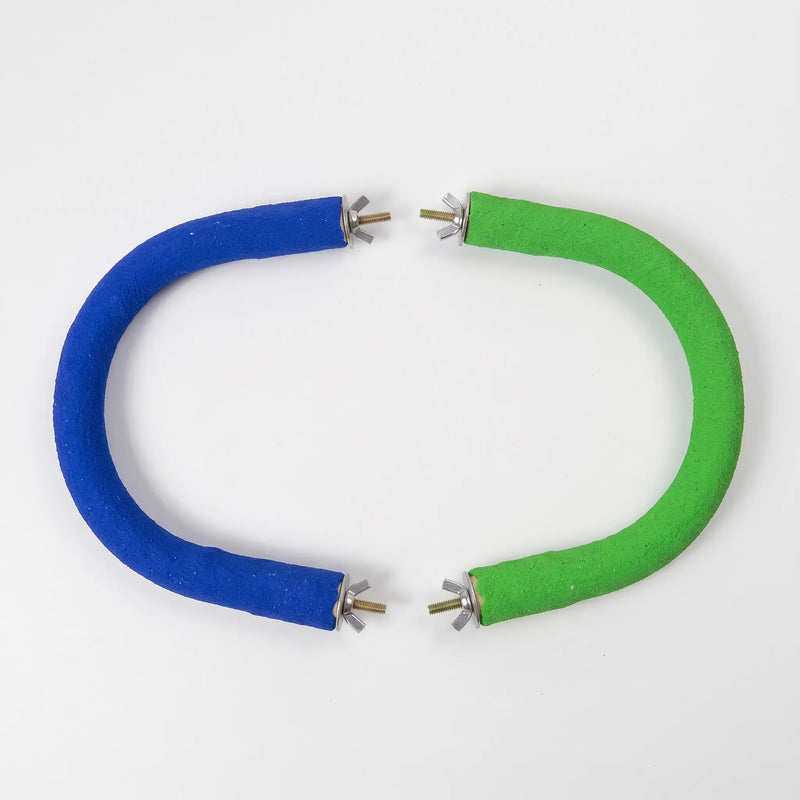 Two curved perches, one blue and one green, laid facing each other, each with a bolt and wing nut. 7