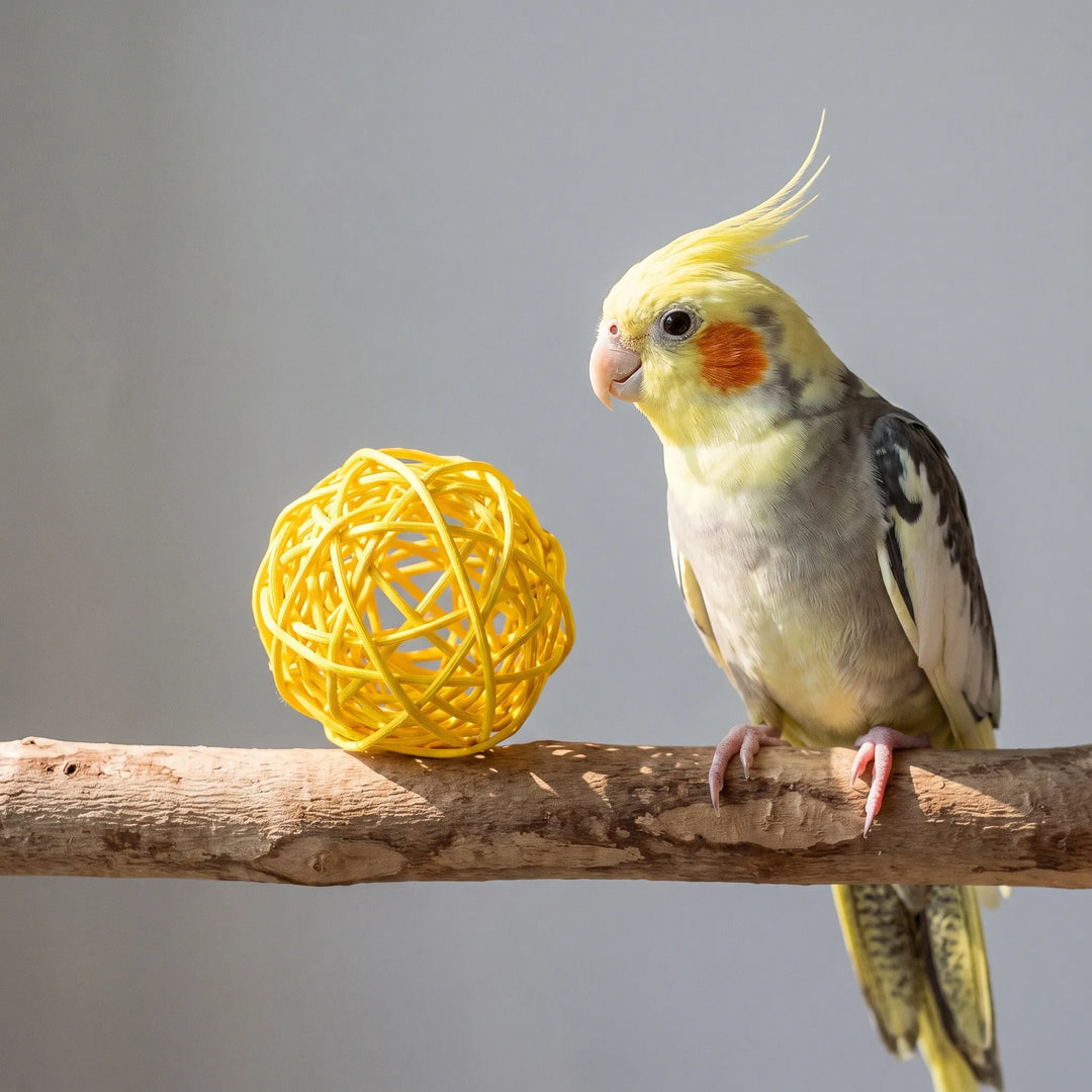 Yellow woven ball resting on a wooden perch beside a yellow-crested cockatiel with orange cheeks, against a grey backdrop. 2