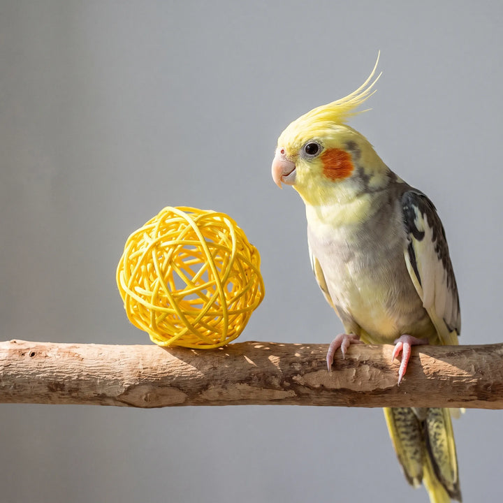 Yellow woven ball resting on a wooden perch beside a yellow-crested cockatiel with orange cheeks, against a grey backdrop. 2