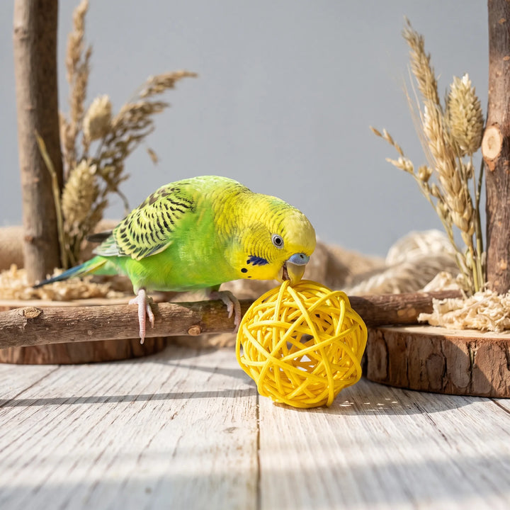 Green and yellow budgerigar perched on a branch, nibbling a yellow woven ball in a natural setting with dried grasses. 3