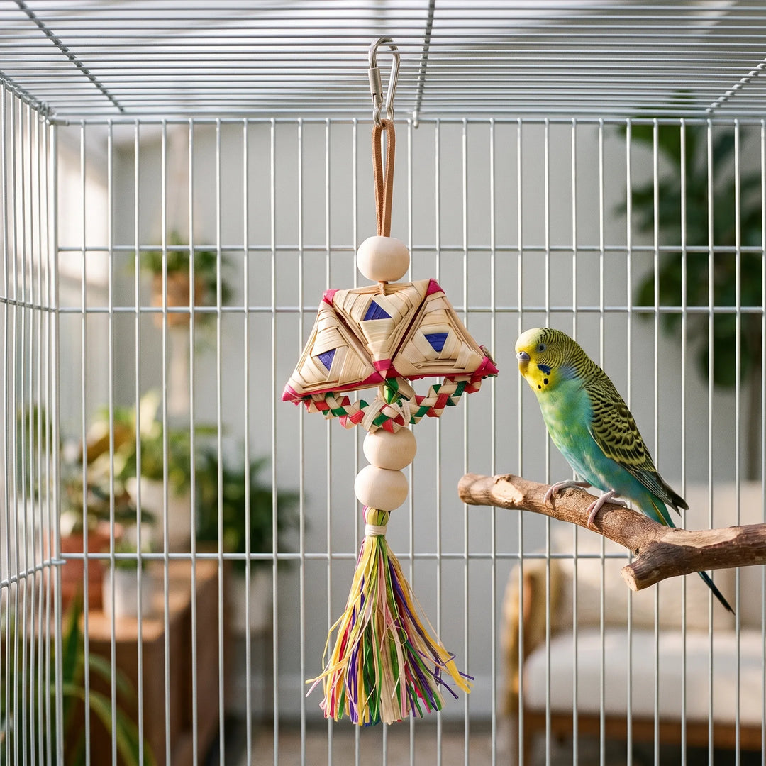 Toy hanging inside a wire cage beside a green and yellow budgerigar perched on a natural wooden branch. 2