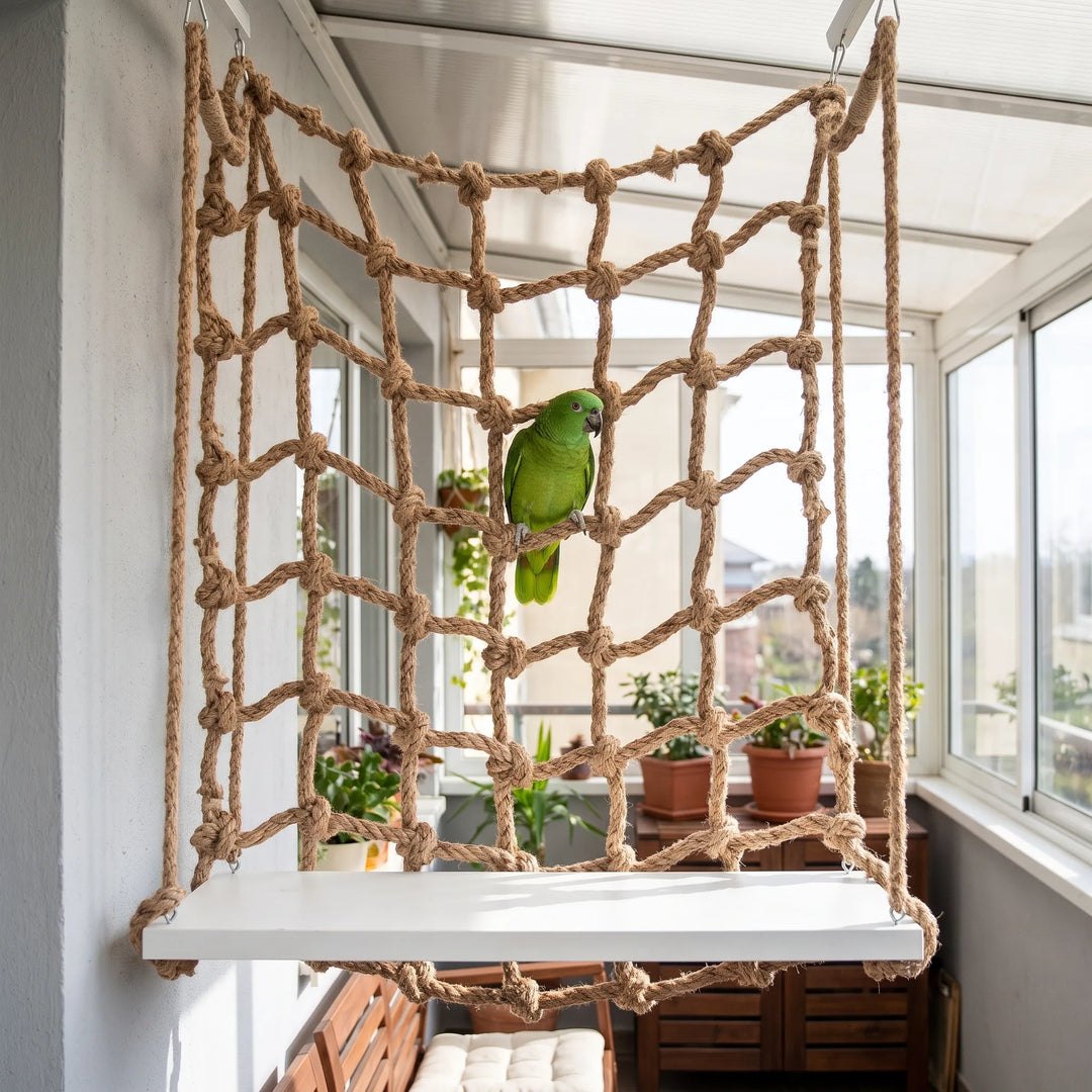Green parrot perched on the rope net in a bright conservatory, with a white platform at the bottom. 2