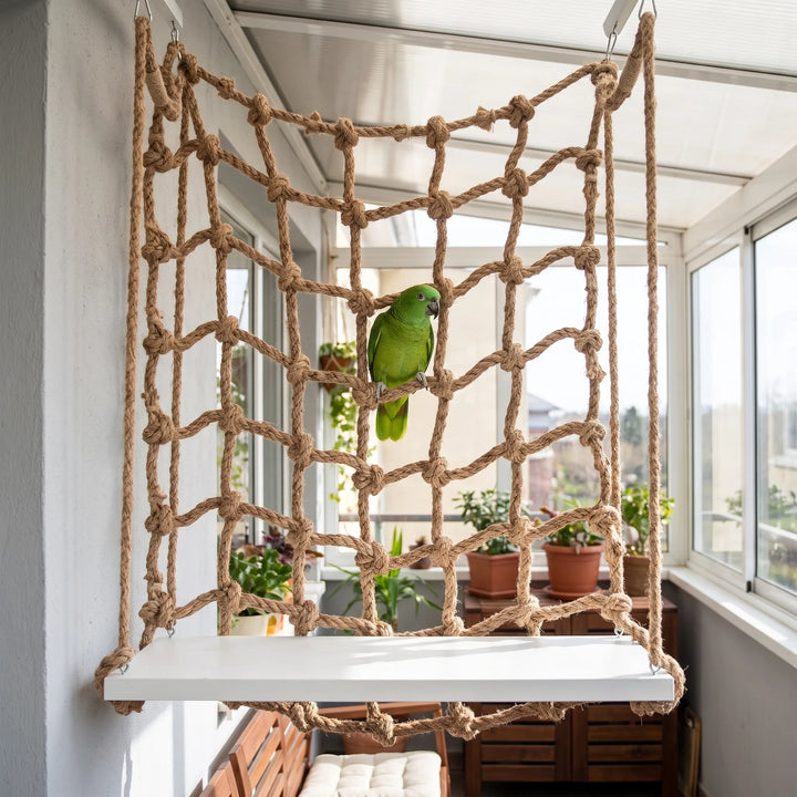 Green parrot perched on the rope net in a bright conservatory, with a white platform at the bottom. 2
