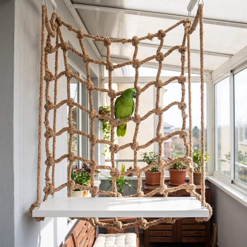 Green parrot perched on the rope net in a bright conservatory, with a white platform at the bottom. 2