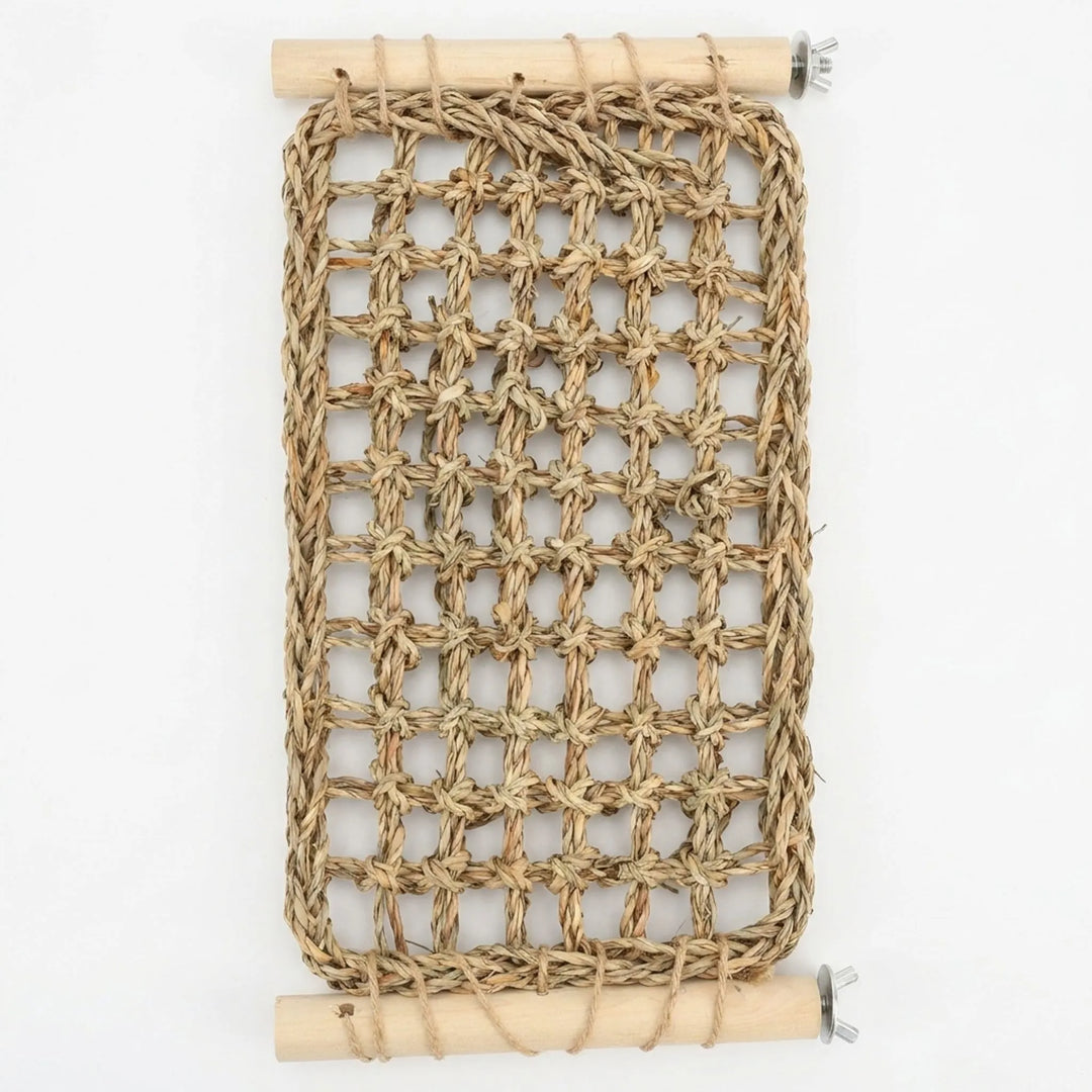Flat view of a rectangular knotted natural fibre mat tied to two wooden dowels with twine, with metal wing-nut fixings. 1