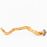 Curving natural wooden perch on a plain white background, with a metal washer and wing nut fixing at one end. 1