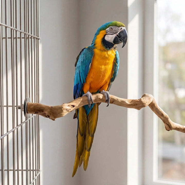 Blue and yellow macaw perched on the branch, which is bolted to the bars of a cage beside a bright window. 2