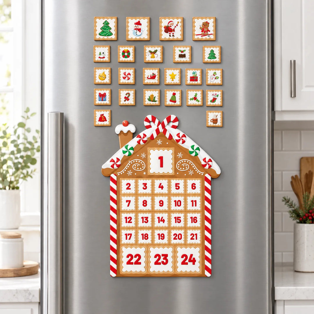 Gingerbread house advent calendar on a stainless steel fridge door, numbered squares on the house and loose festive picture magnets above it. 1