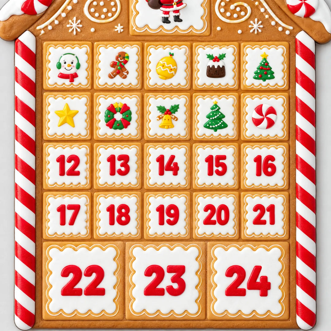 Close-up of the lower half of the gingerbread house, showing picture magnets for the early days, numbered squares 12 to 24 and candy cane side posts. 3