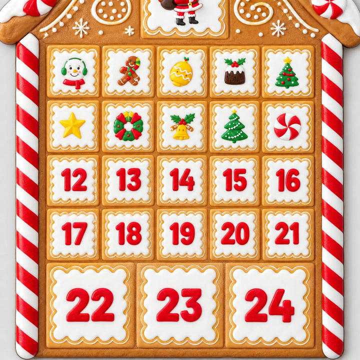 Close-up of the lower half of the gingerbread house, showing picture magnets for the early days, numbered squares 12 to 24 and candy cane side posts. 3