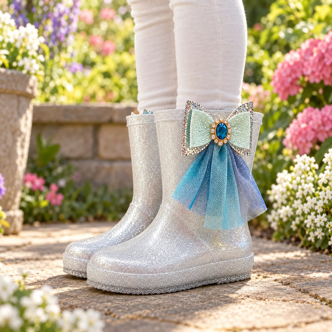 Child wearing silver glitter rain boots with a jewelled mint bow and blue tulle streamers, standing on a garden path among flowers. 1