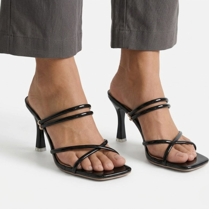 Glossy Strappy Heeled Mules - Nadine